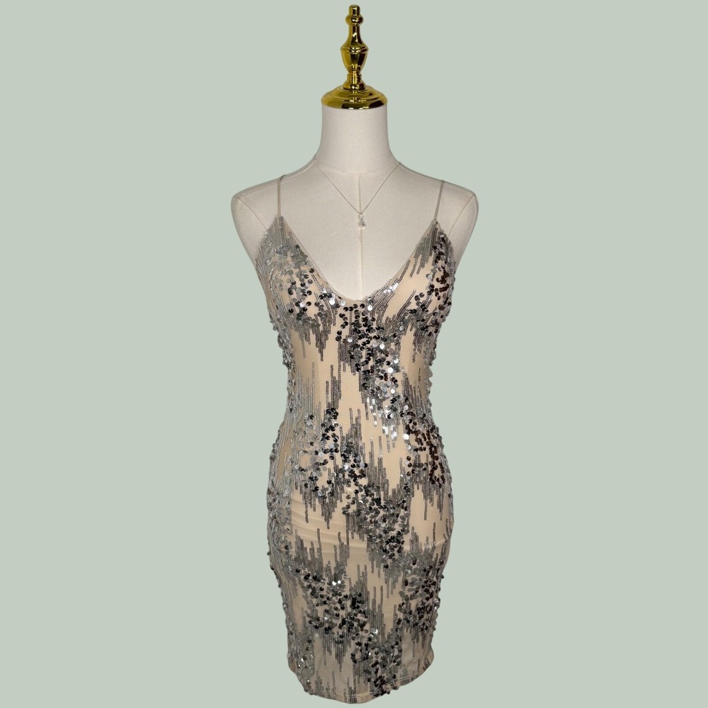 fashion nova nude silver glitter sequin bodycon mini dress Y2K coquette chic